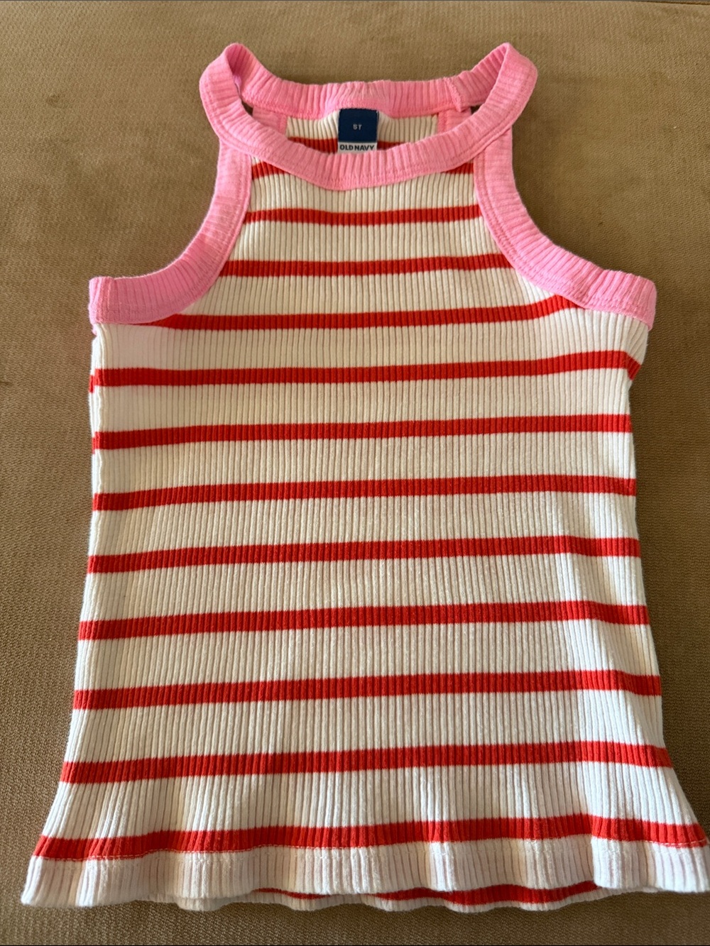 Old Navy Girls' Pink Trim White & Red Striped Ribbed Tank Top 5T